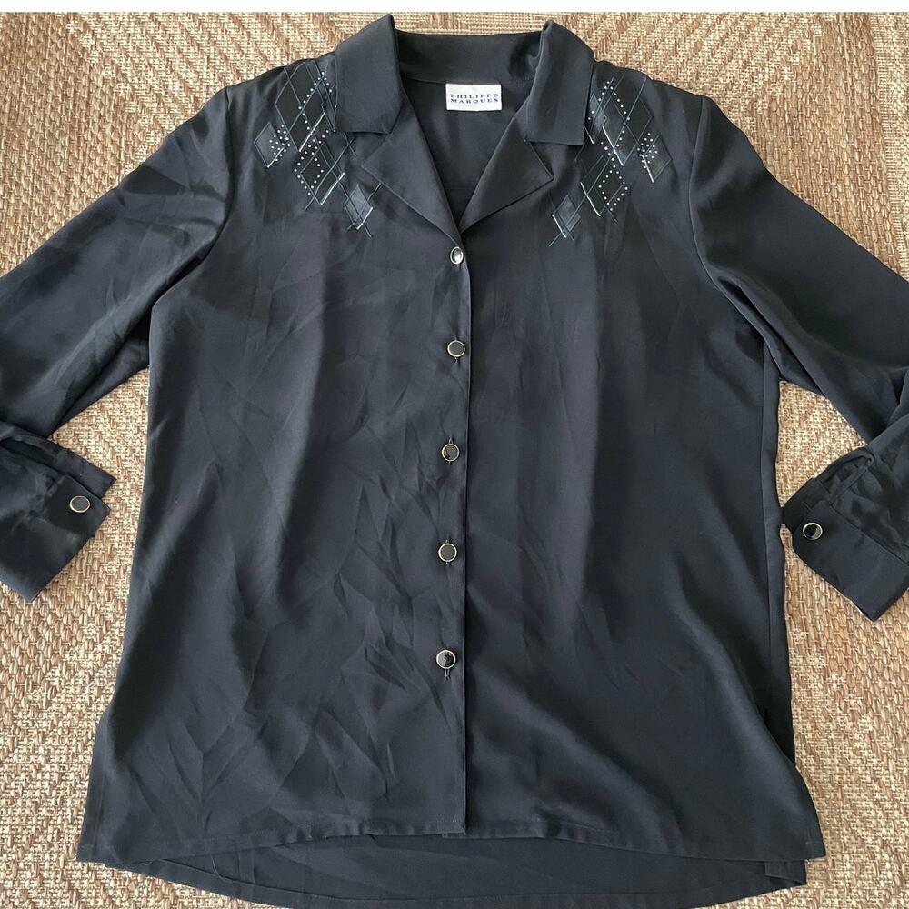 Vtg. Philippe Marques Black long sleeve Blouse SZ 12 bedazzled